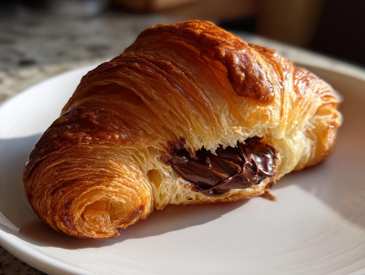 Close-up of a golden brown, flaky chocolate croissant oozing rich, melted chocolate filling.