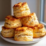 A stack of six golden-brown, flaky homemade scones piled high on a white plate, showing excellent rise.