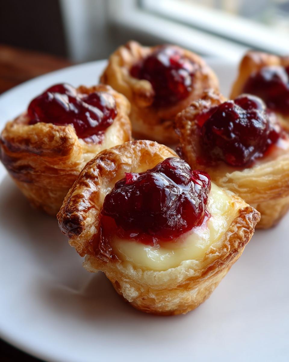 Close-up of several golden, flaky pastry brie bites filled with melted cheese and topped with glistening red jam.