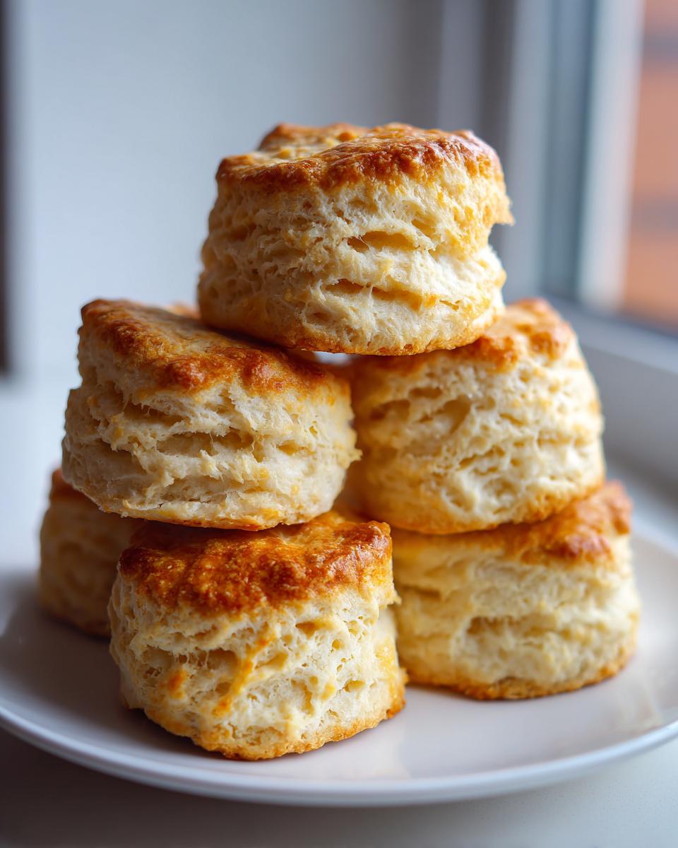 A stack of six tall, flaky, golden-brown homemade scones piled on a white plate.