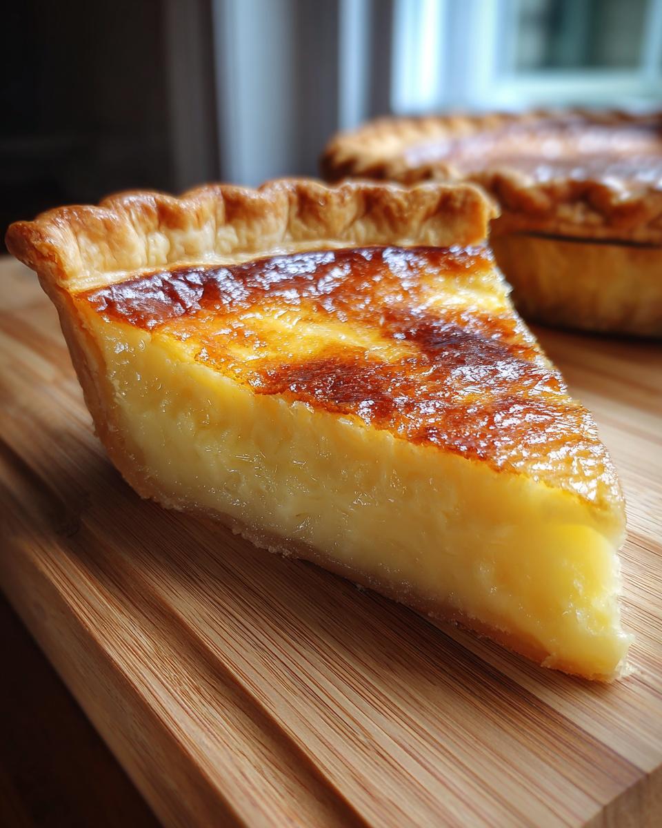 A thick slice of creamy custard pie with a beautifully browned top, sitting on a wooden board.