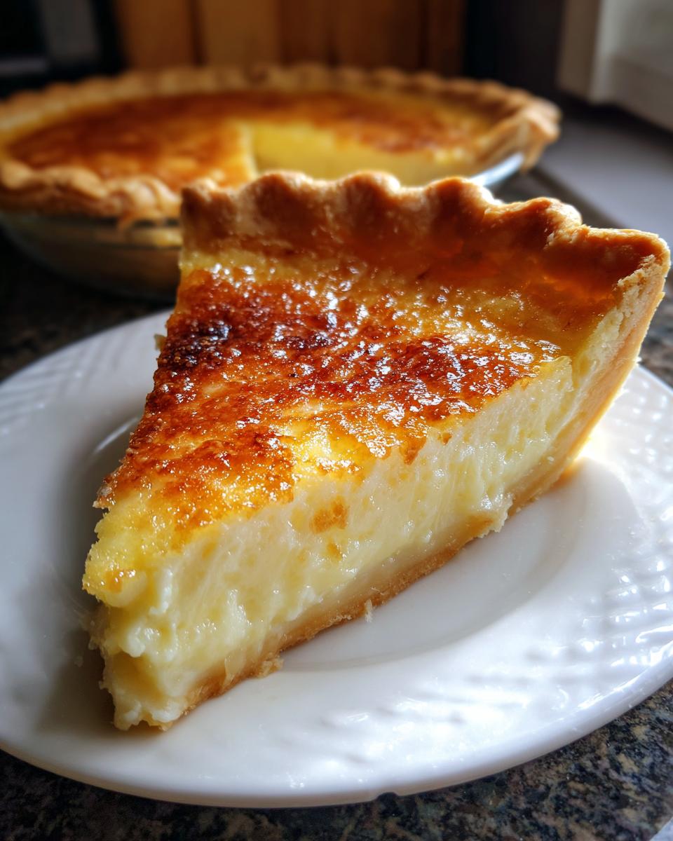 A thick slice of creamy custard pie with a golden-brown, slightly caramelized top, served on a white plate.