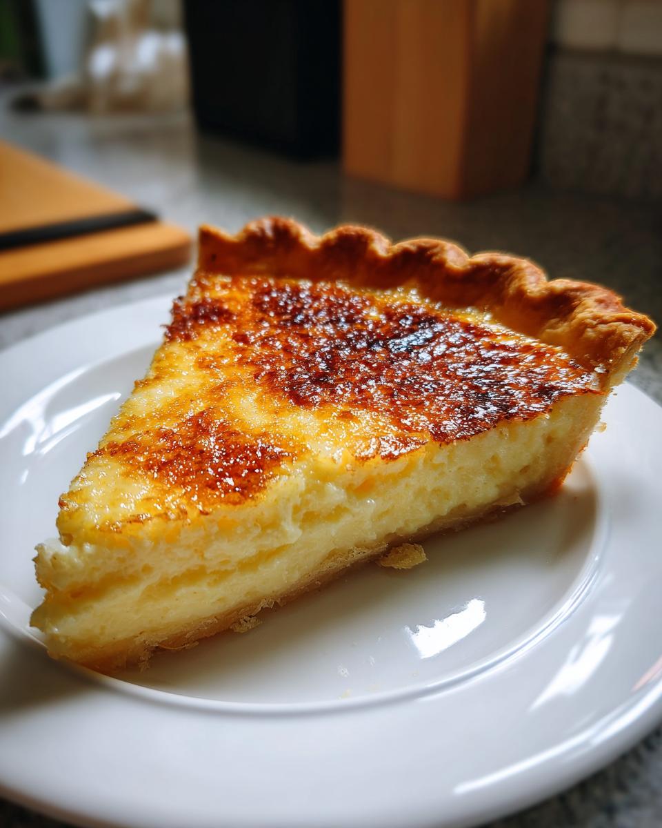 A close-up slice of creamy custard pie with a beautifully caramelized, browned top crust.