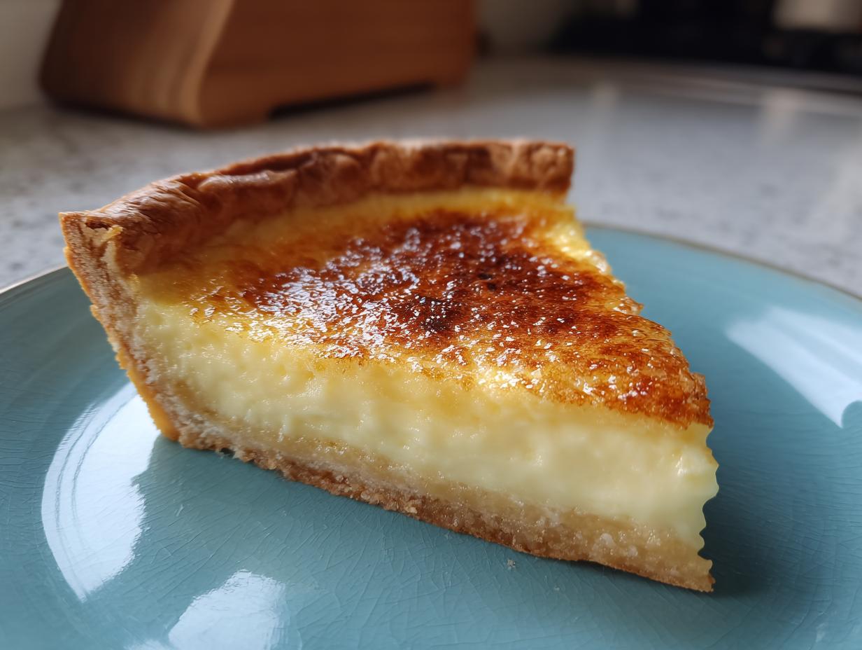 A close-up of a perfect slice of custard pie showing the creamy filling and caramelized, browned top.