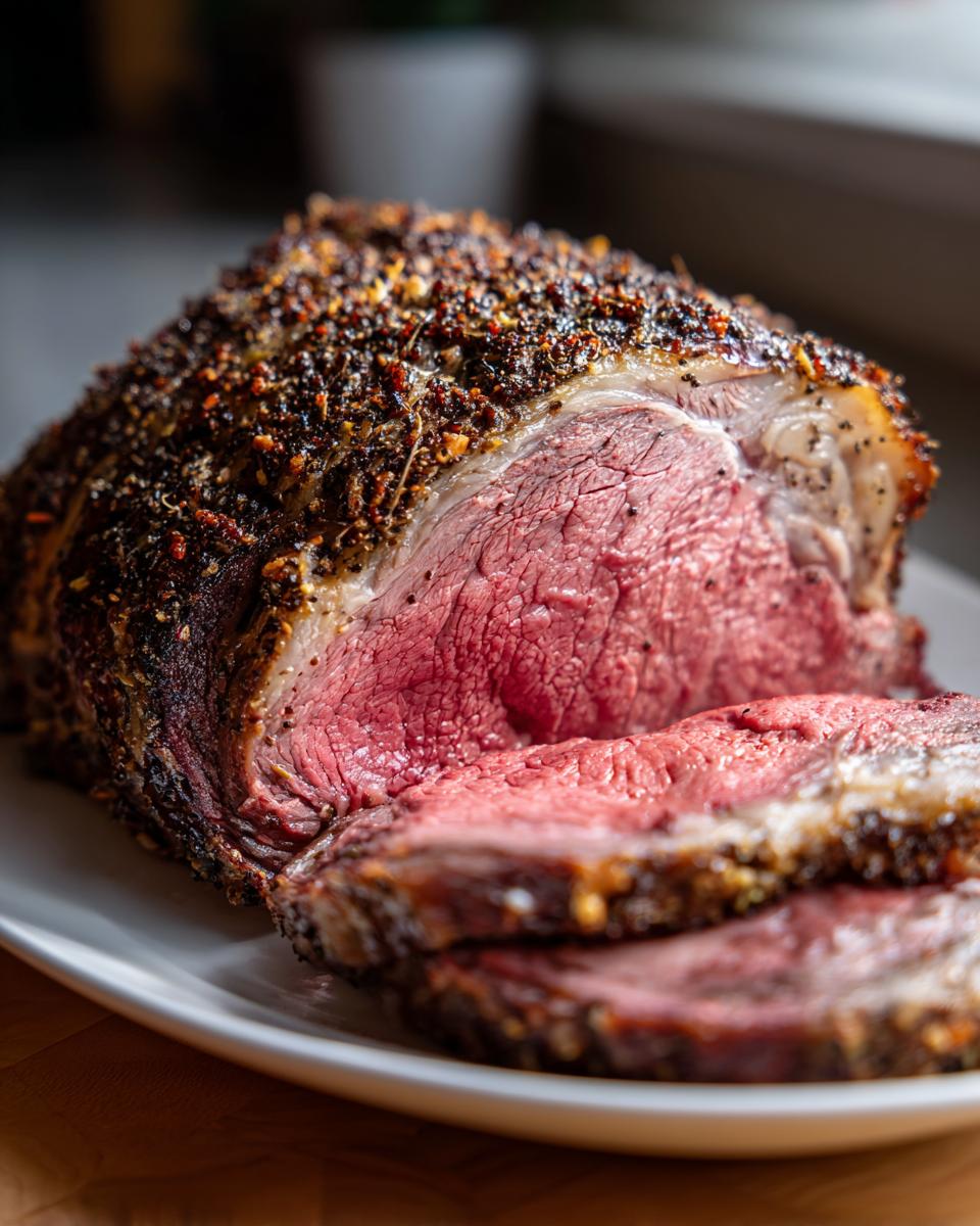 Close-up of a perfectly cooked prime rib roast, sliced to show a medium-rare center and heavily seasoned crust.