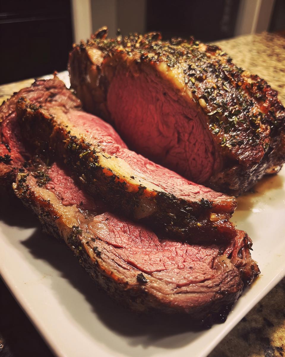 Close-up of a beautifully roasted prime rib, sliced to show a perfect medium-rare center and herb crust.