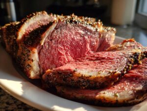 Close-up of thick, medium-rare slices of prime rib roast with a dark, seasoned crust.