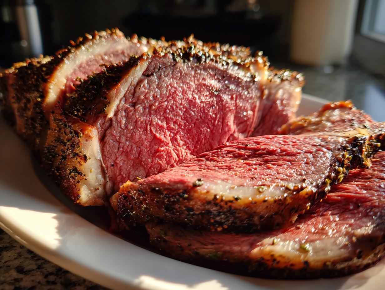 Close-up of thick, medium-rare slices of prime rib roast with a dark, seasoned crust.