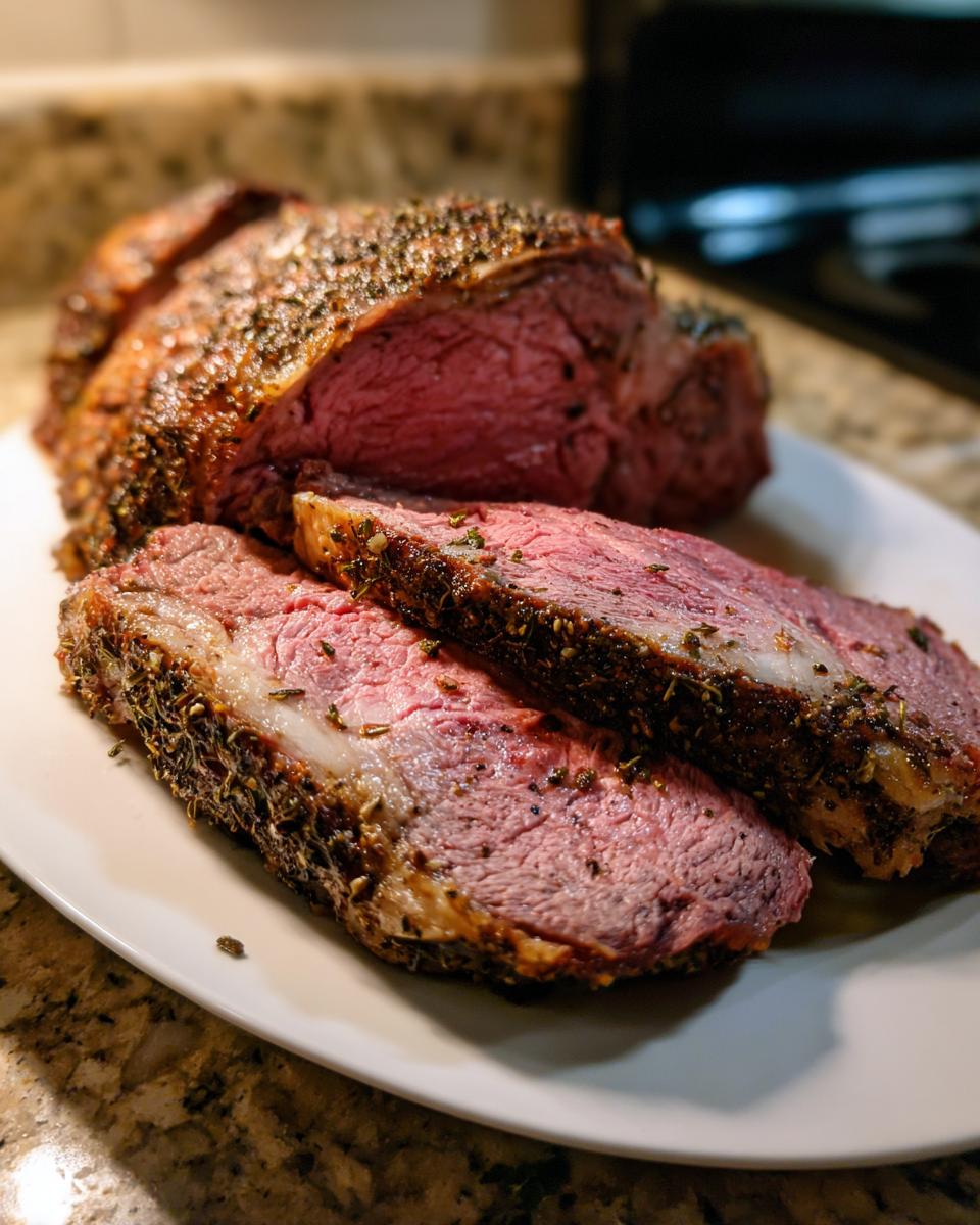 Close-up of a beautifully roasted prime rib, sliced to show a medium-rare center and herb crust.