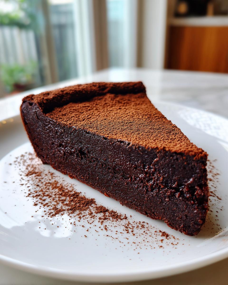 A rich, dark slice of flourless chocolate torte dusted heavily with cocoa powder on a white plate.
