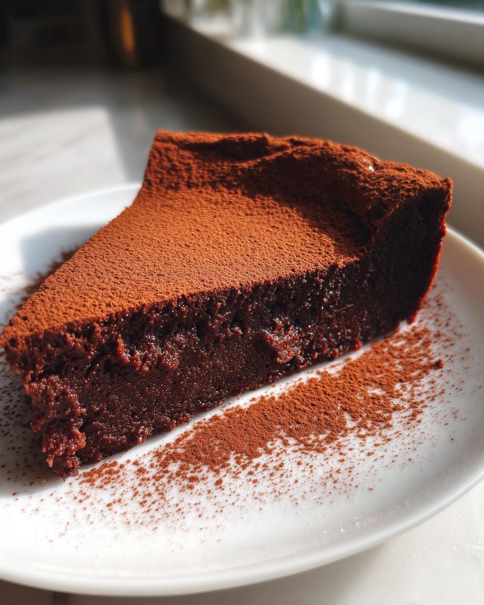 A decadent slice of flourless chocolate torte, intensely dark and dusted heavily with cocoa powder, served on a white plate.
