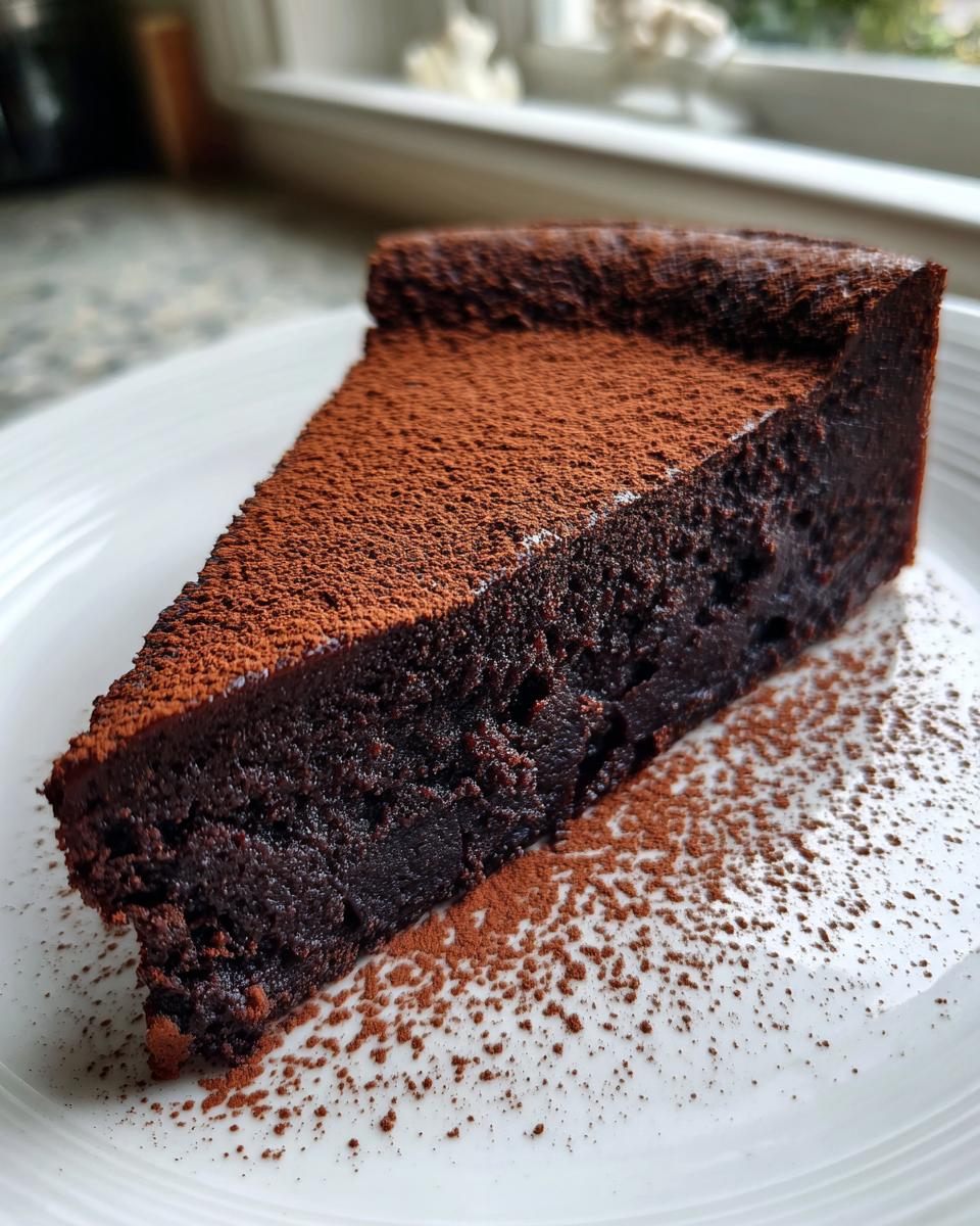 A rich, dark slice of flourless chocolate torte dusted heavily with cocoa powder on a white plate.