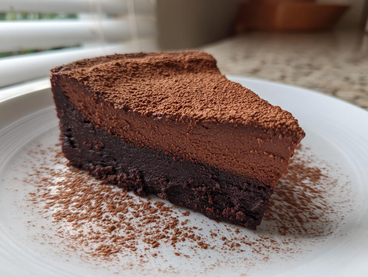 A rich, two-layered slice of flourless chocolate torte dusted heavily with cocoa powder on a white plate.