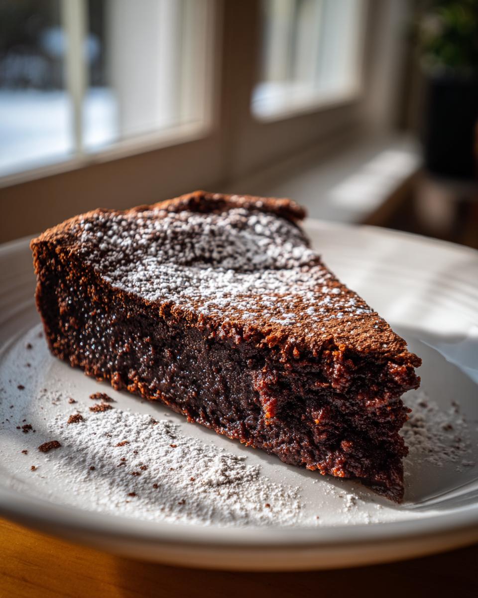 A rich, dense slice of flourless chocolate torte dusted heavily with powdered sugar on a white plate.