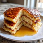 A stack of three fluffy almond flour pancakes cut to show the interior texture, generously drizzled with syrup.