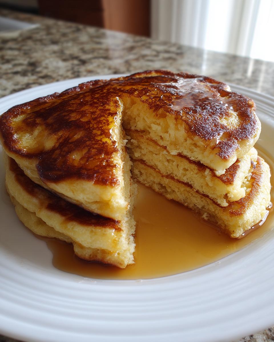 A stack of fluffy almond flour pancakes, cut to show the interior texture, drizzled generously with maple syrup.