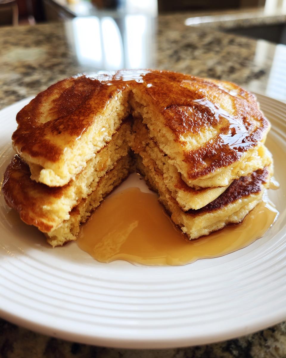 A stack of three fluffy almond flour pancakes cut in half, drizzled generously with maple syrup.