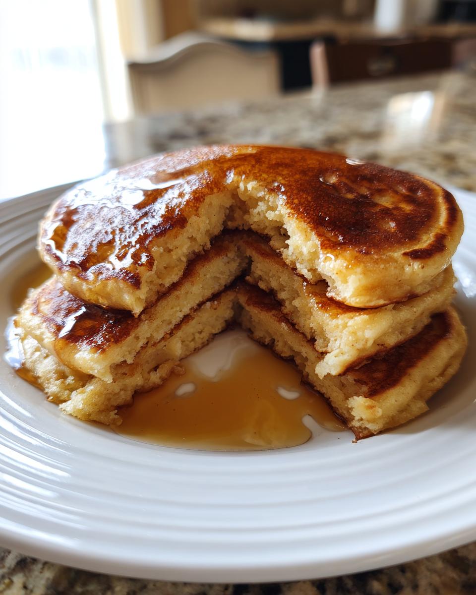 A stack of fluffy almond flour pancakes cut open to show the texture, drizzled generously with maple syrup.