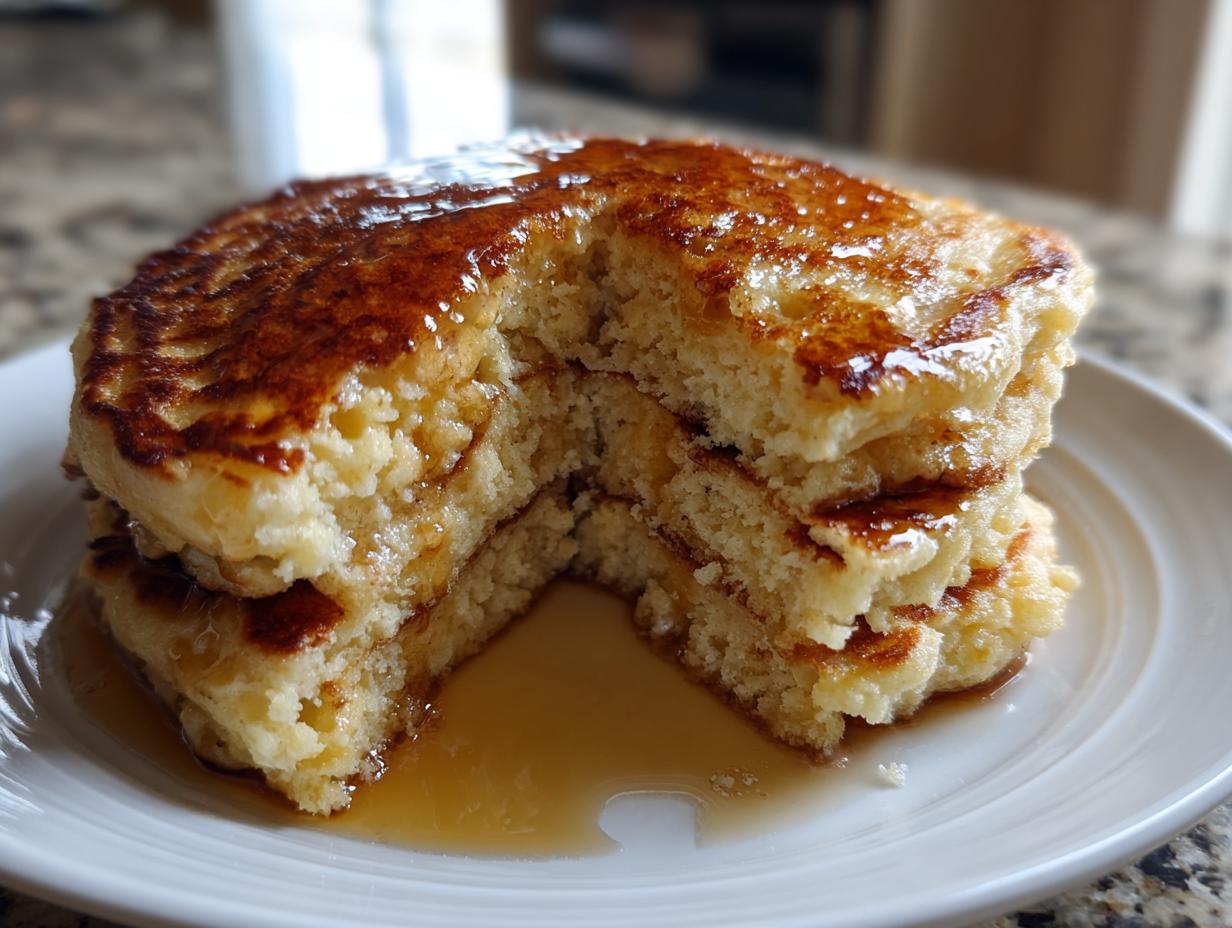 A close-up of a fluffy stack of almond flour pancakes with a slice cut out, drizzled generously with golden syrup.