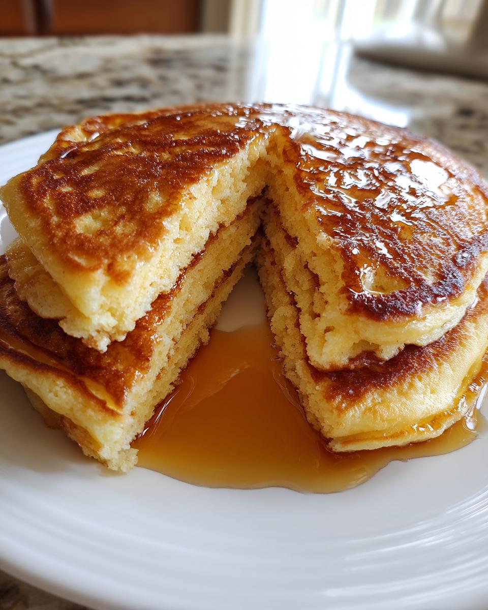A stack of fluffy almond flour pancakes cut in half, drizzled generously with maple syrup.