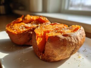 Two halves of a fluffy baked sweet potato, seasoned with salt and pepper, sitting on a white plate.