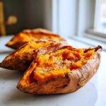 Close-up of a fluffy baked sweet potato split open and seasoned with salt and pepper.
