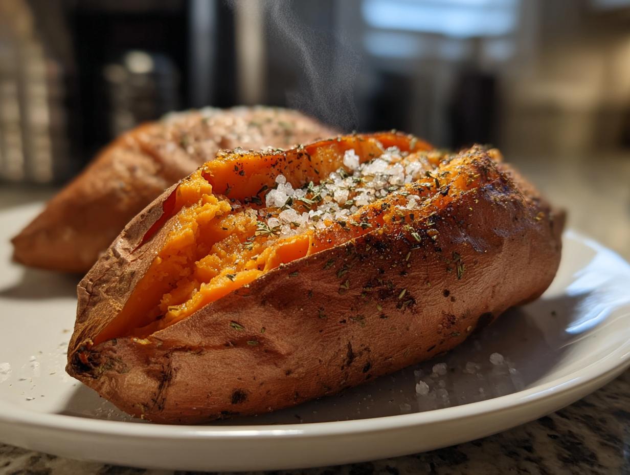 Close-up of a fluffy baked sweet potatoes, split open and topped with coarse sea salt and dried herbs, steaming slightly.
