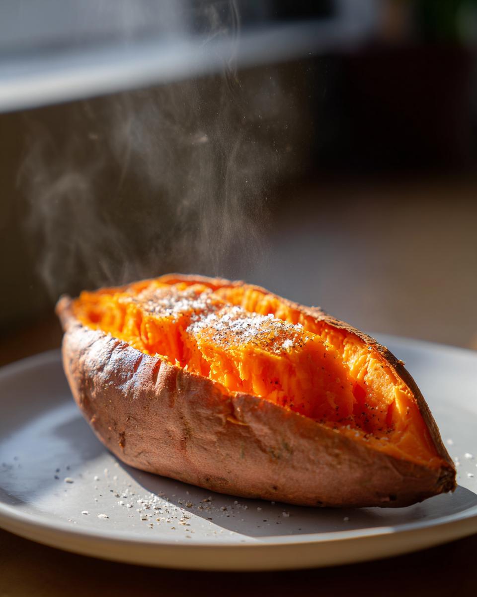 A freshly baked sweet potato, split open and steaming, seasoned with salt and pepper on a grey plate.