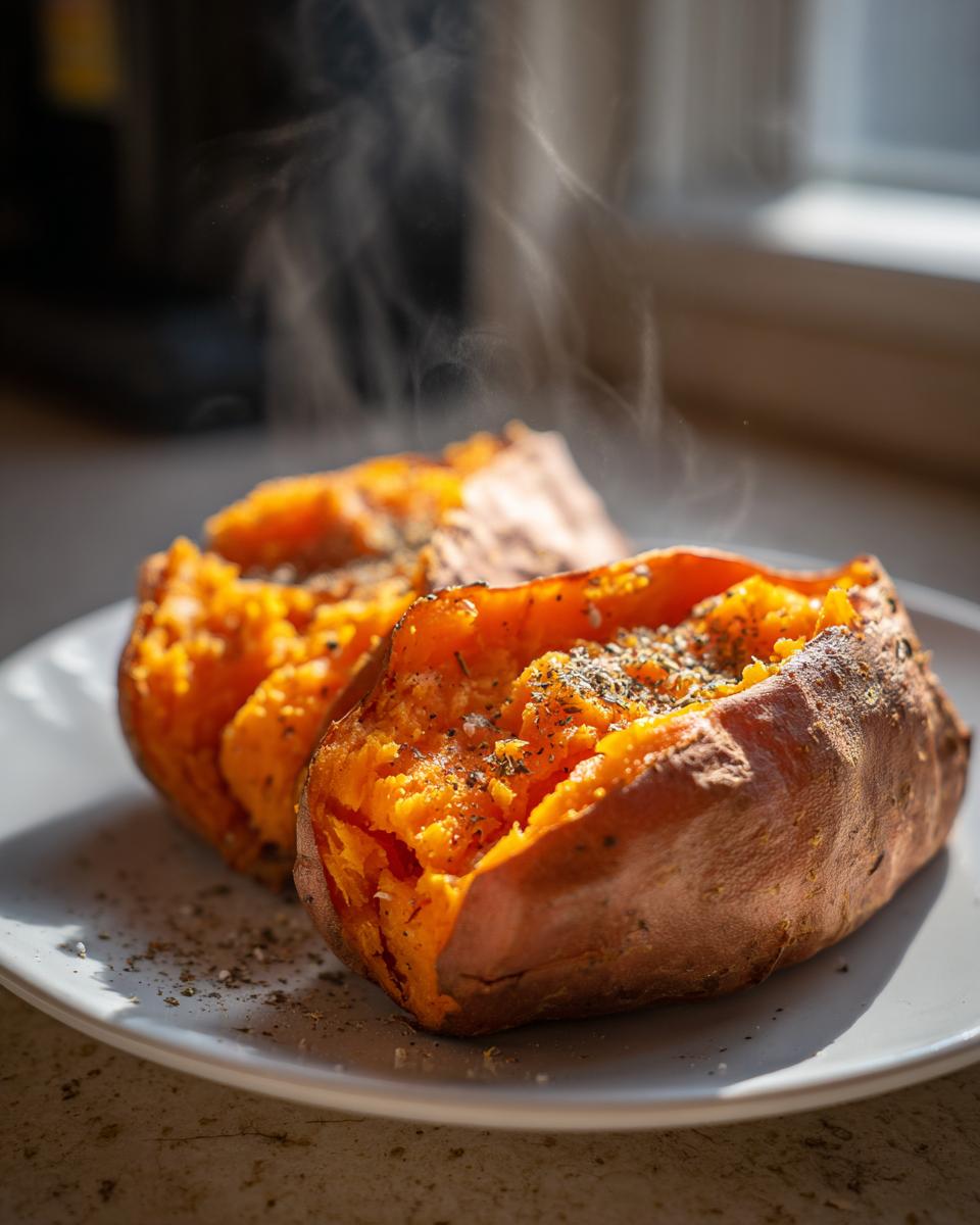 Two fluffy baked sweet potatoes split open, steaming, and seasoned with herbs on a white plate.