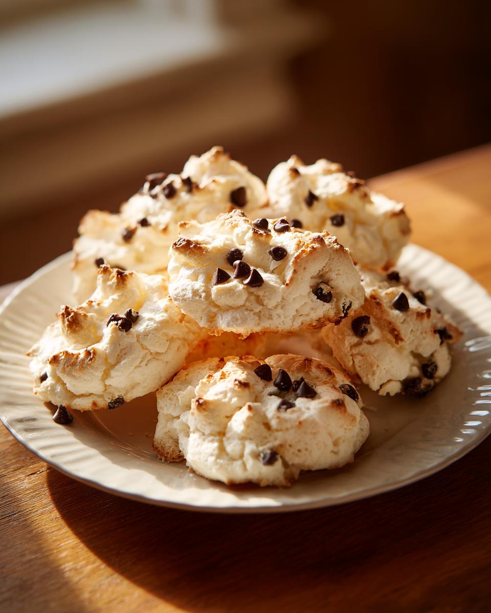 A pile of light, fluffy forgotten cookies studded with mini chocolate chips resting on a cream-colored plate.