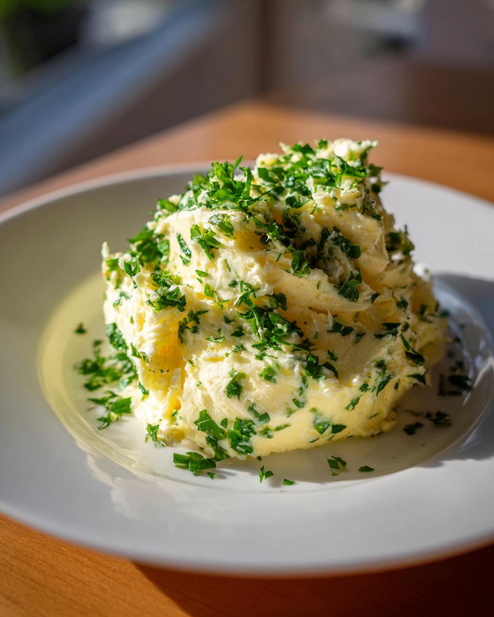 A mound of creamy, whipped garlic butter generously topped with chopped fresh green parsley on a white plate.