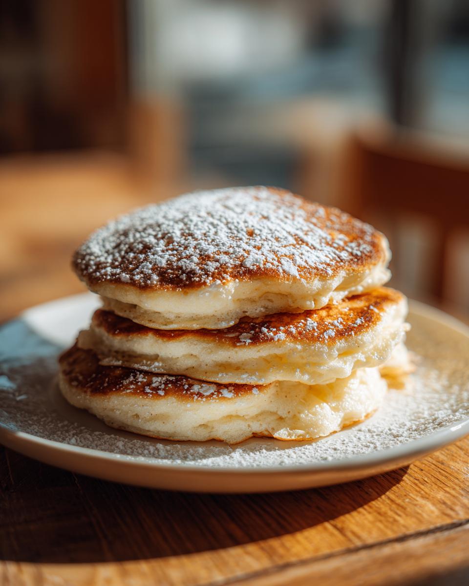 A stack of three fluffy greek yogurt pancakes dusted generously with powdered sugar on a white plate.