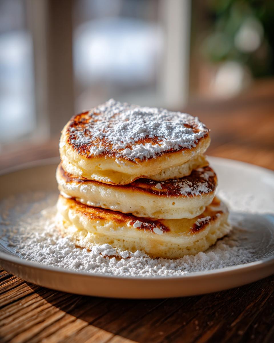 A tall stack of three fluffy greek yogurt pancakes dusted generously with powdered sugar on a light plate.