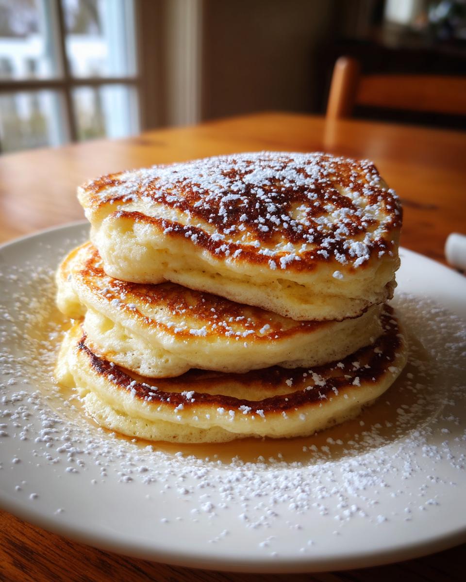 A tempting stack of three fluffy greek yogurt pancakes dusted generously with powdered sugar on a white plate.