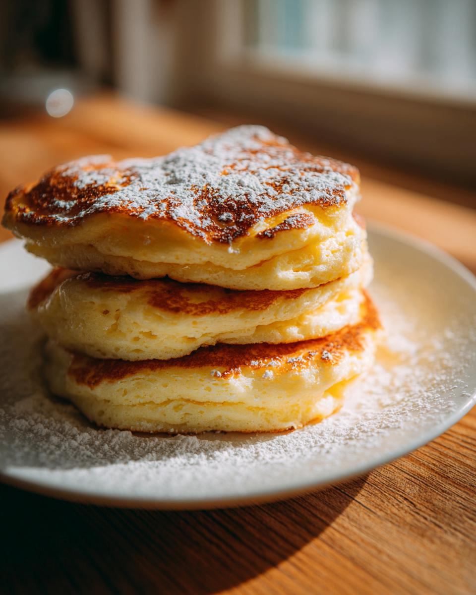 A stack of three fluffy greek yogurt pancakes dusted generously with powdered sugar on a white plate.