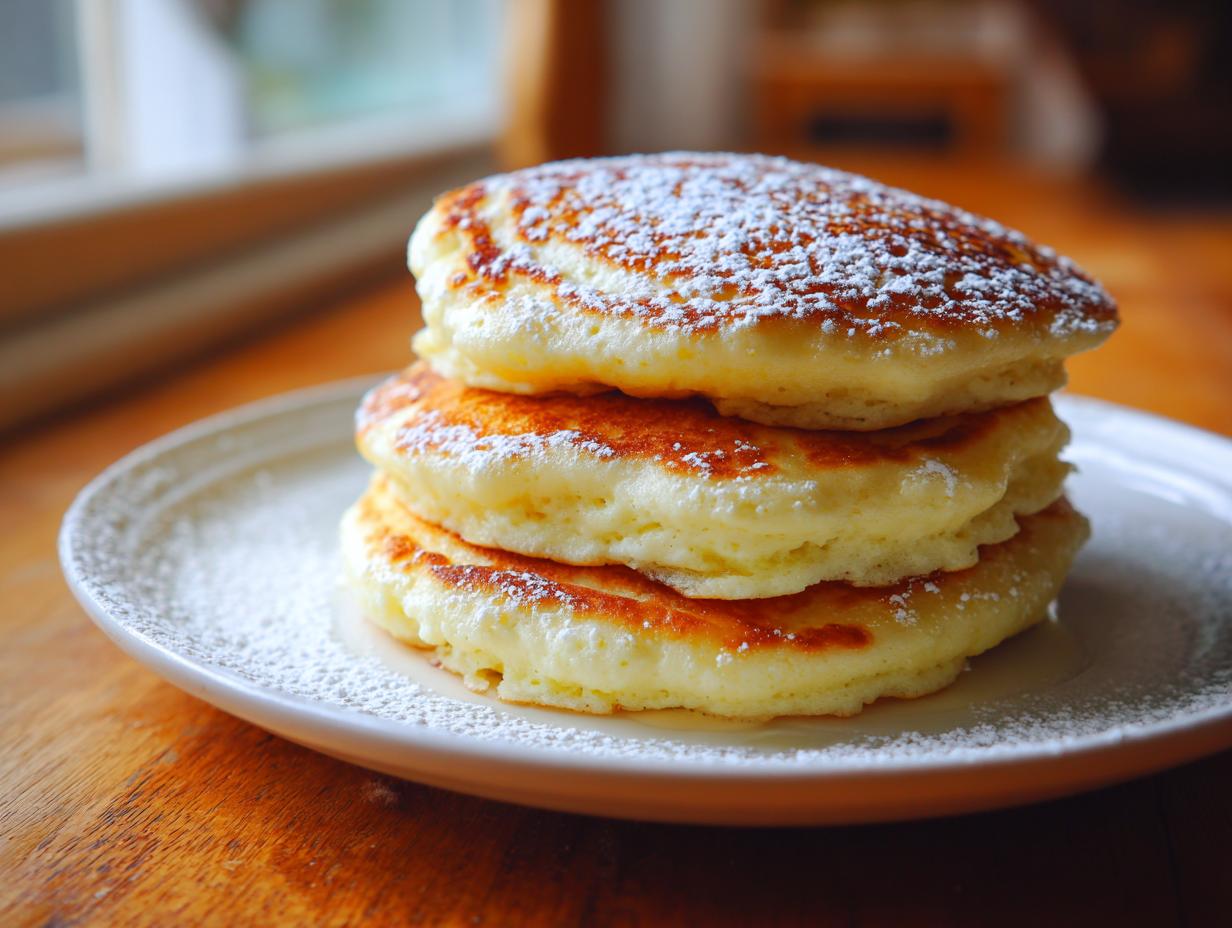 A tall stack of three fluffy greek yogurt pancakes dusted generously with white powdered sugar on a light plate.