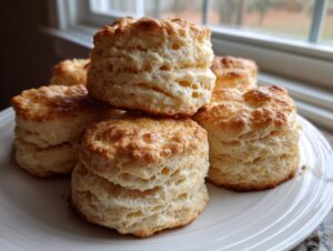 A stack of five tall, flaky, golden-brown scones piled on a white plate near a window.