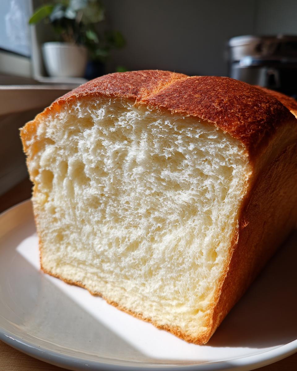 Close-up cross-section of a freshly baked japanese milk bread showing its incredibly soft, white, and fluffy crumb structure.