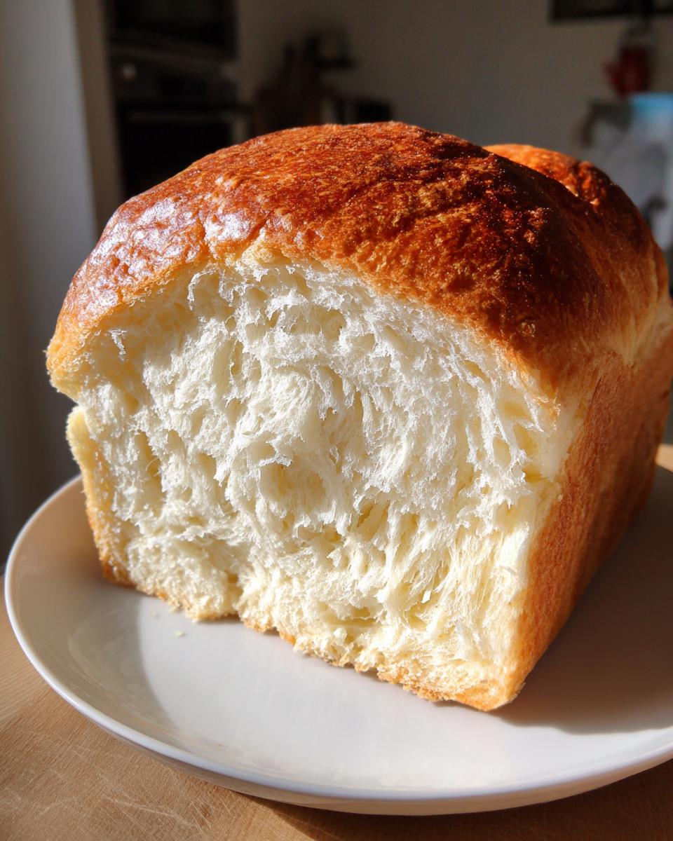 Close-up of a freshly baked japanese milk bread loaf, showing its incredibly soft, fluffy white interior and golden-brown crust.