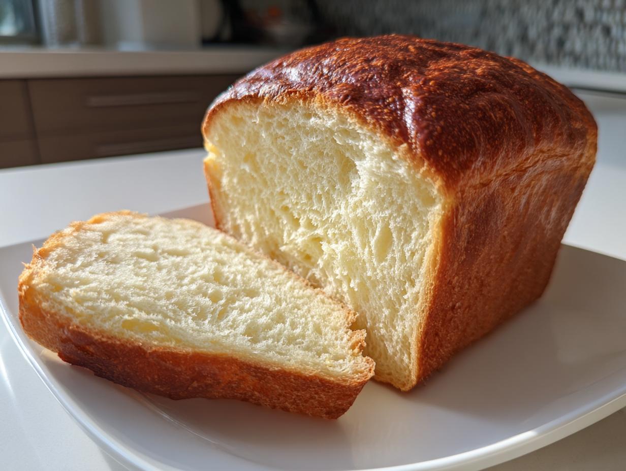 A freshly baked loaf of japanese milk bread, featuring a dark golden crust and a slice cut to show the soft, white interior.