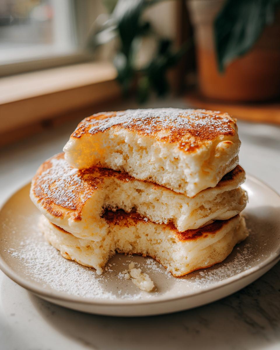 A stack of three incredibly fluffy pancakes dusted with powdered sugar, showing the airy interior texture of the fluffy pancakes.