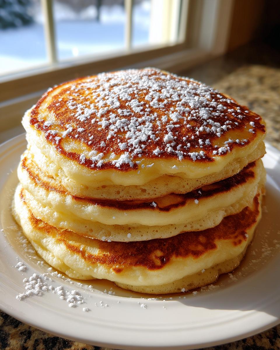 A tall stack of golden brown, fluffy pancakes topped with powdered sugar, set near a window.