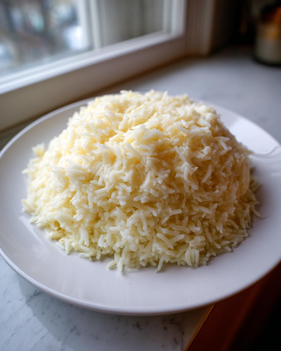 A mound of fluffy white rice served on a white plate, ready for the cheesy rice recipe.