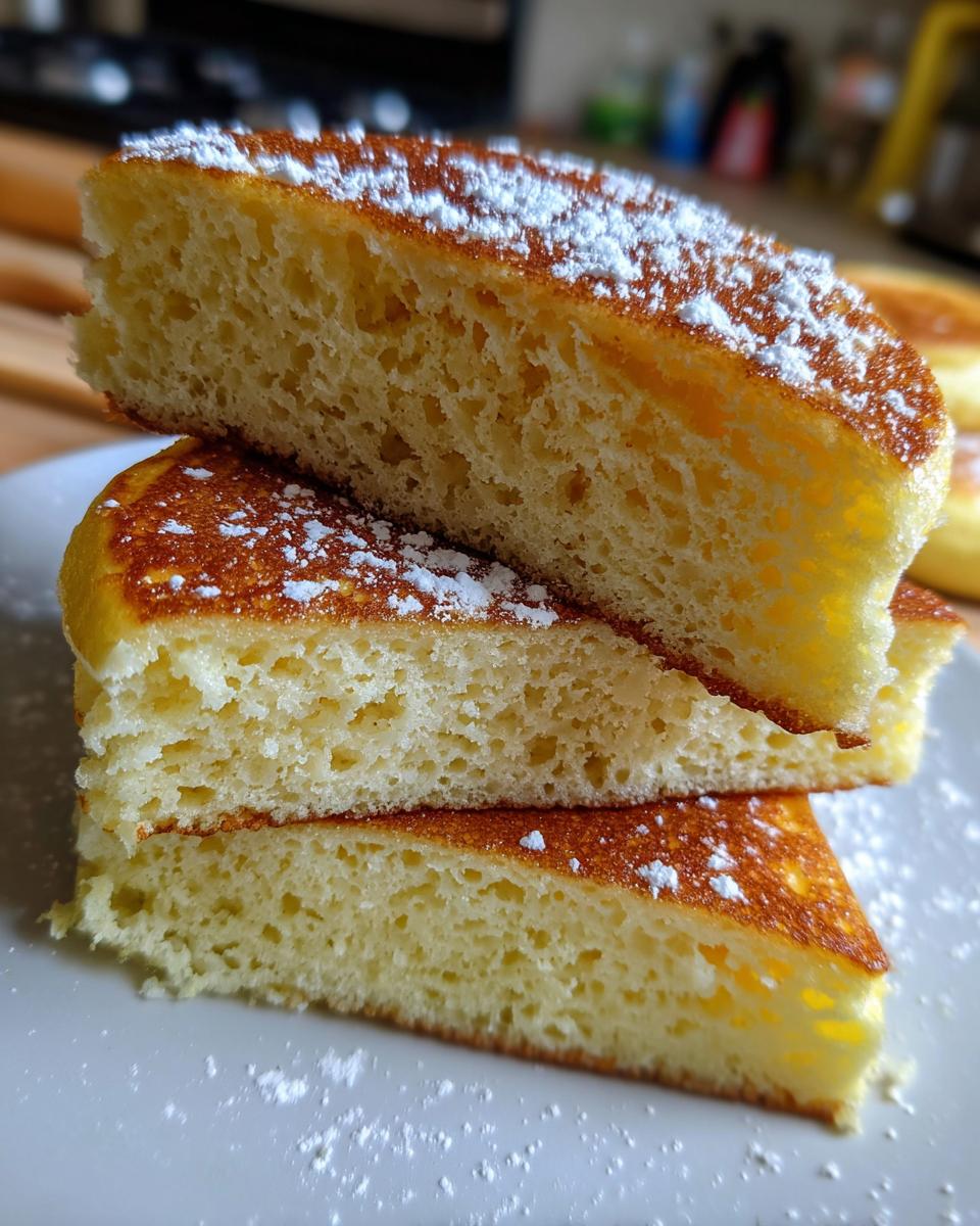 Close-up of three thick slices of fluffy ricotta pancakes stacked, showing the airy texture and dusted with powdered sugar.