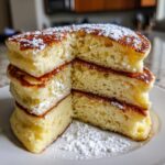 Cross-section view showing the incredibly fluffy interior texture of stacked ricotta pancakes dusted with powdered sugar.