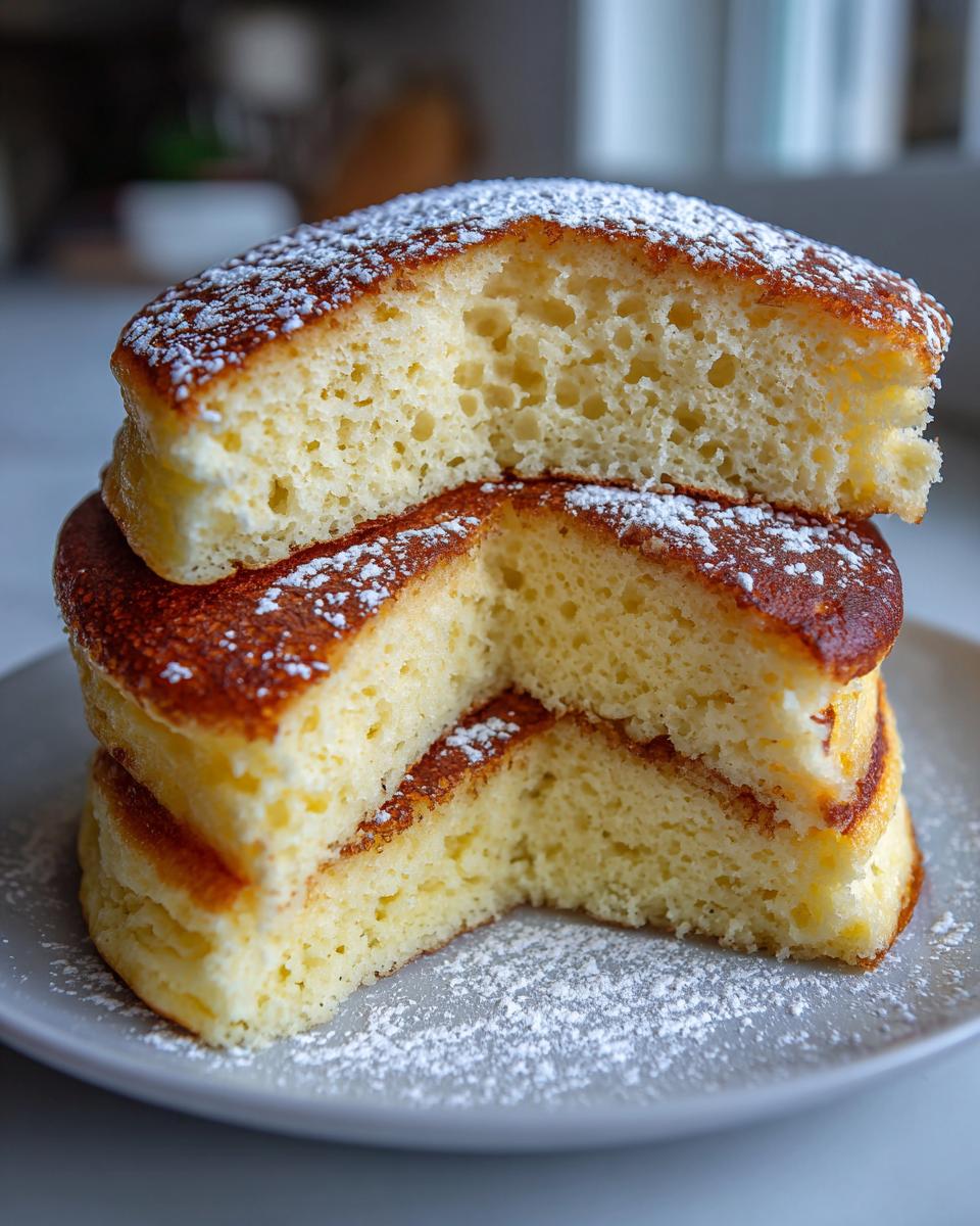 Close-up of a stack of fluffy ricotta pancakes cut open to show the airy texture, dusted with powdered sugar.
