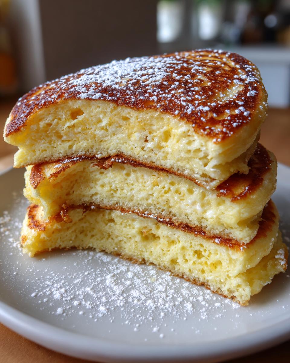 Close-up of three thick, fluffy ricotta pancakes stacked and dusted with powdered sugar.