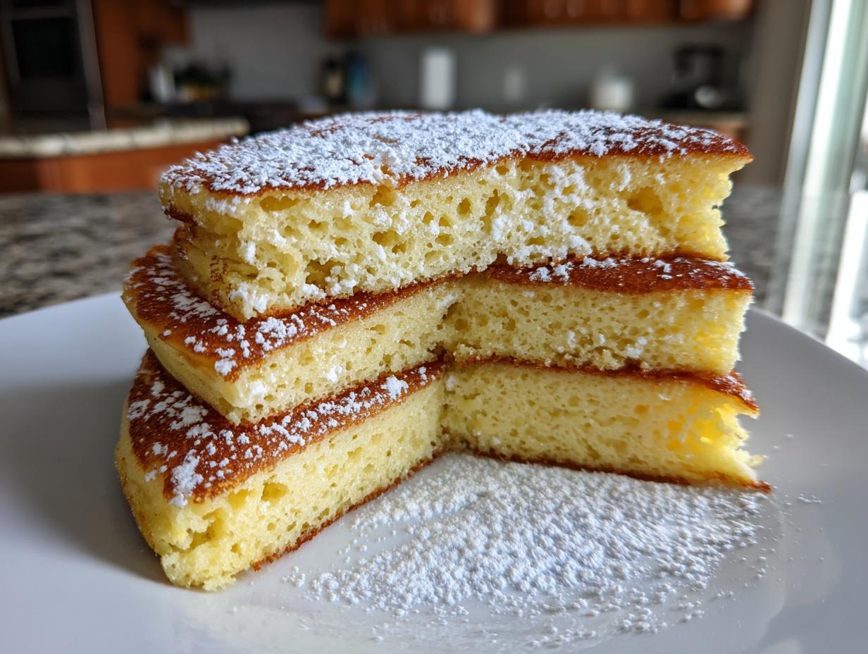 Close-up of three thick, fluffy ricotta pancakes stacked and dusted heavily with powdered sugar.