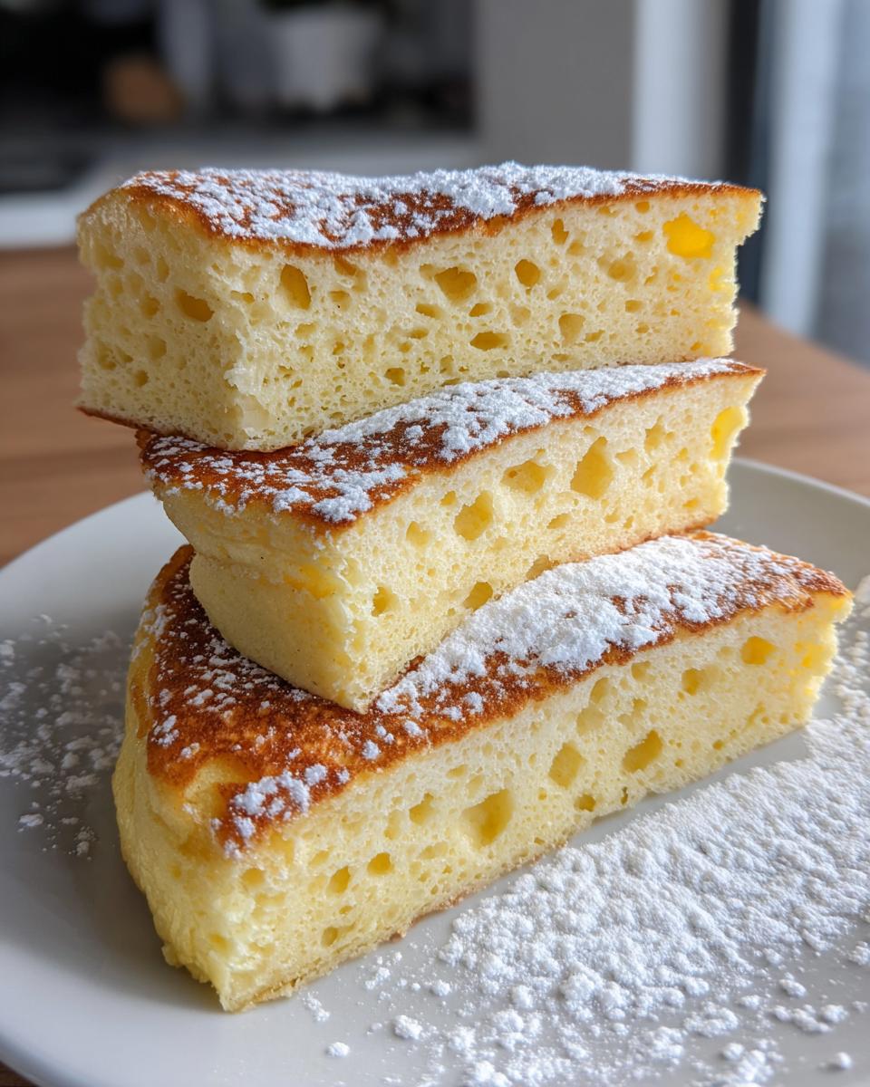 Three thick slices of fluffy ricotta pancakes stacked on a white plate, dusted heavily with powdered sugar.