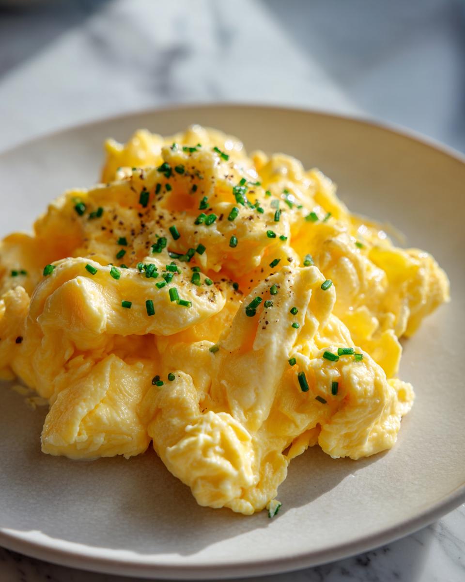 A close-up of creamy, fluffy scrambled eggs topped with fresh chives and cracked black pepper.